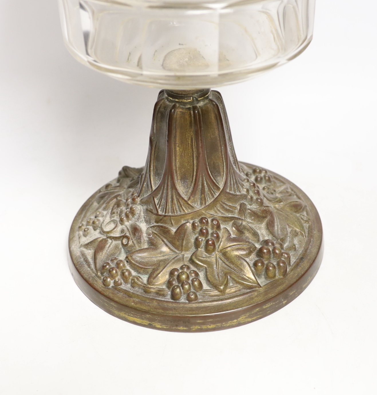 A Victorian brass stemmed oil lamp, with white glass shade, 54cm high including funnel